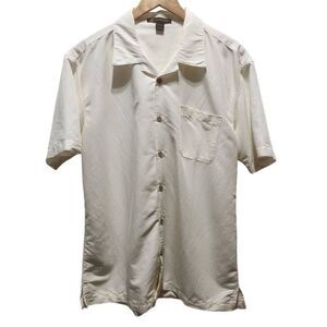 Harriton‎ men's casual button front short sleeve shirt cream waffle rayon large